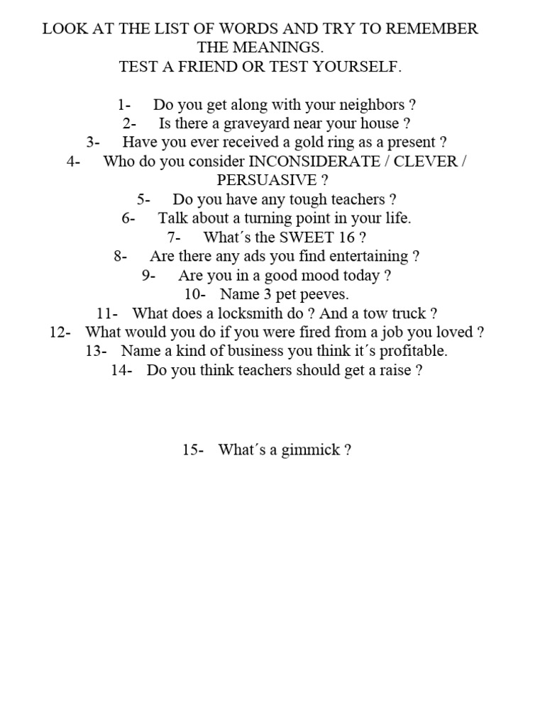 Vocabulary and Conversation Prompts | PDF