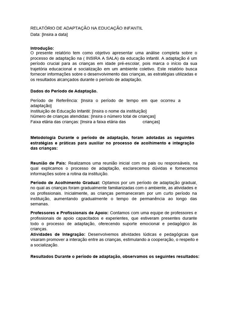 Relatório de Adaptação na Educação Infantil | PDF | Pré-escola | Pedagogia