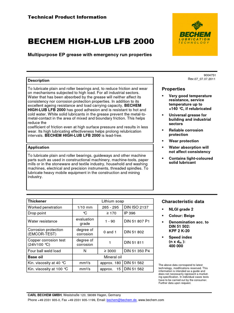 BECHEM_High_Lub_LFB_2000_TDS_en | PDF | Lubricant | Materials