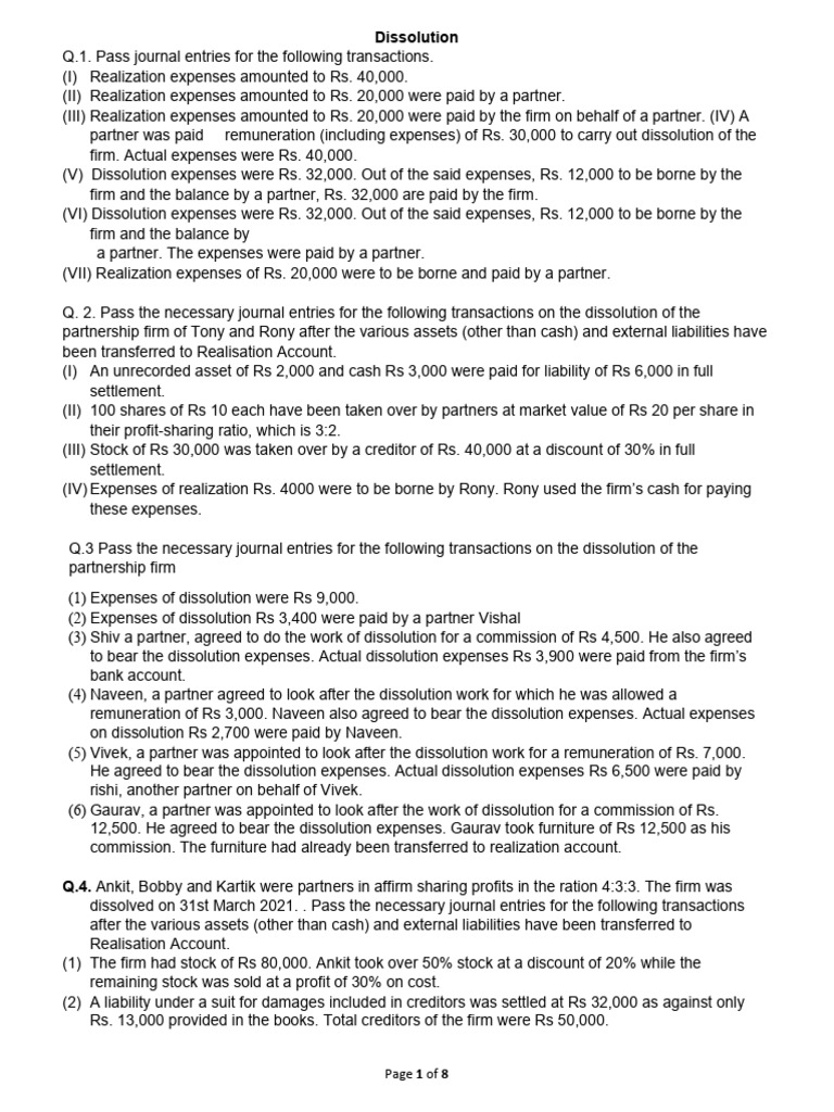 Journal Entries for Partnership Dissolution | PDF | Book Value ...