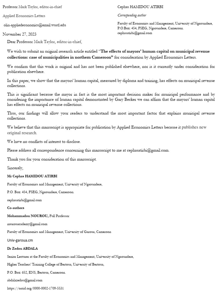 Cover Letter For Submission by Applied Economics Letters | PDF | Economics