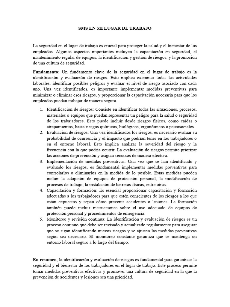 SMS en Mi Lugar de Trabajo | PDF | Riesgo | Valores