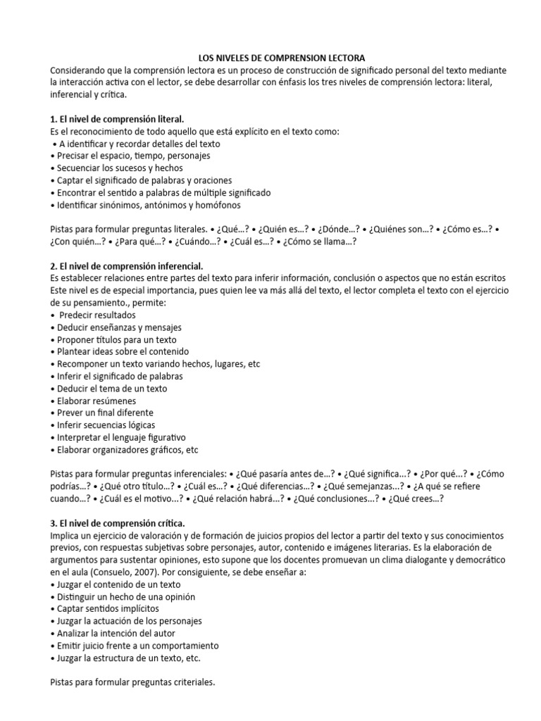 Niveles de Comprension Lectora | PDF | Comprensión lectora | Cognición