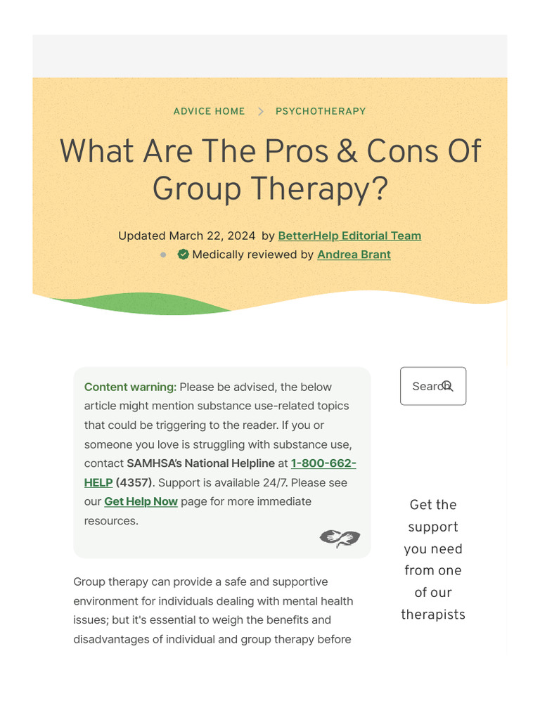 Pros and Cons of Group Therapy | PDF | Psychotherapy | Group Psychotherapy