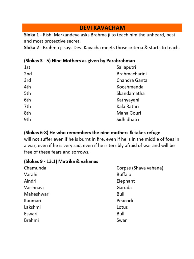 Devi Kavacham Meaning PDF Hindu Mythology Hindu Deities