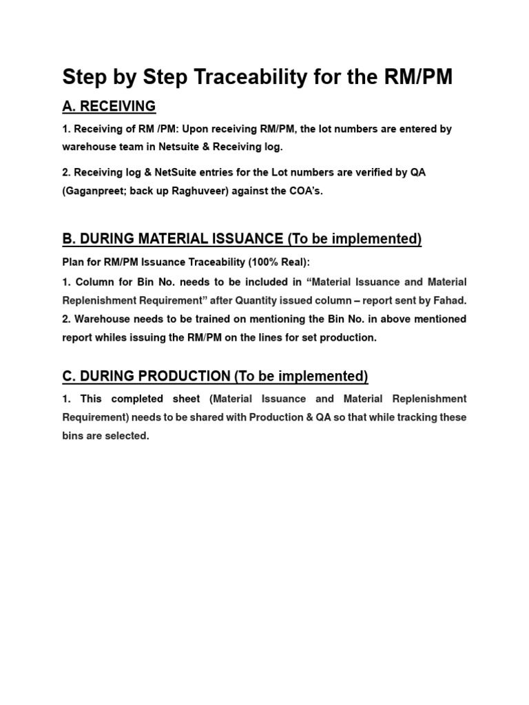 RM/PM Traceability Process Overview | PDF | Finance & Money Management ...