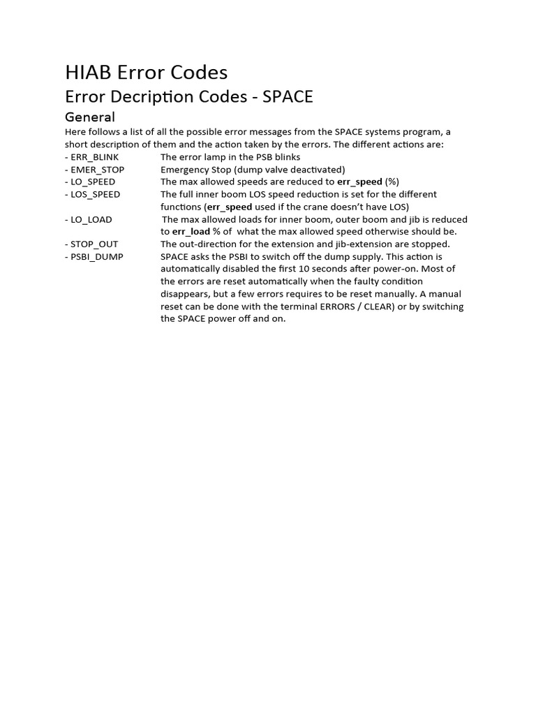 HIAB Crane Error Codes Overview | PDF