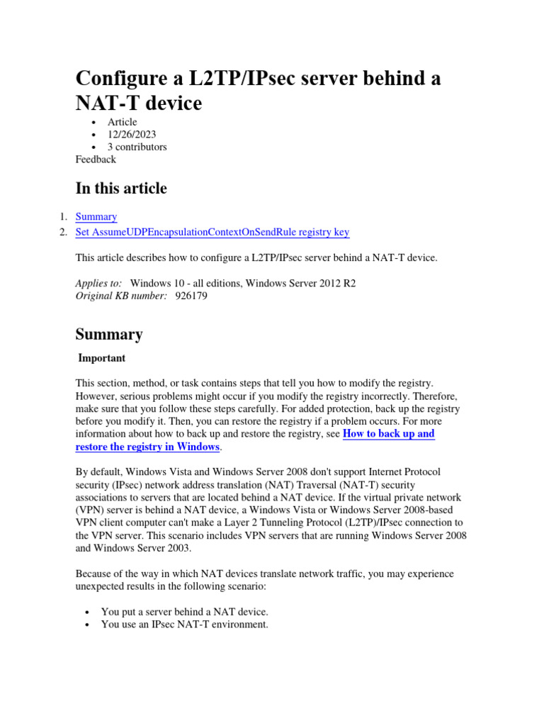 Configure A L2TP | PDF | Windows Registry | Computer Networking