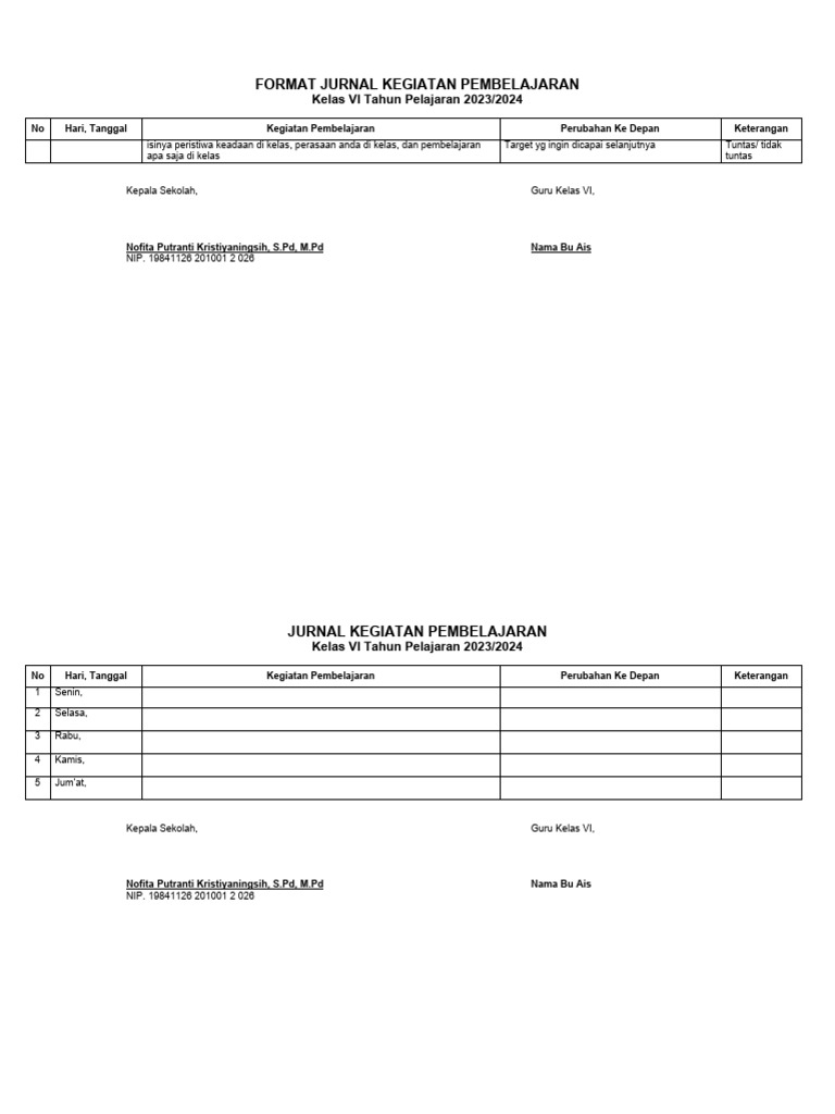 Format Jurnal Kegiatan Pembelajaran | PDF