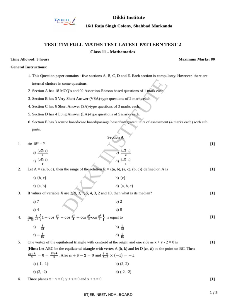 Test 11m full maths test latest pattern test 2 pdf complex number