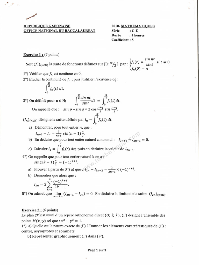 Sujets et corrigés Bac Gabon 2010 | PDF | Physique mathématique ...