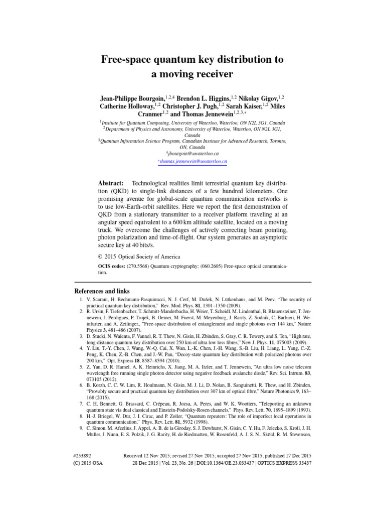 Quantum Key Distribution for Moving Receivers | PDF | Polarization ...