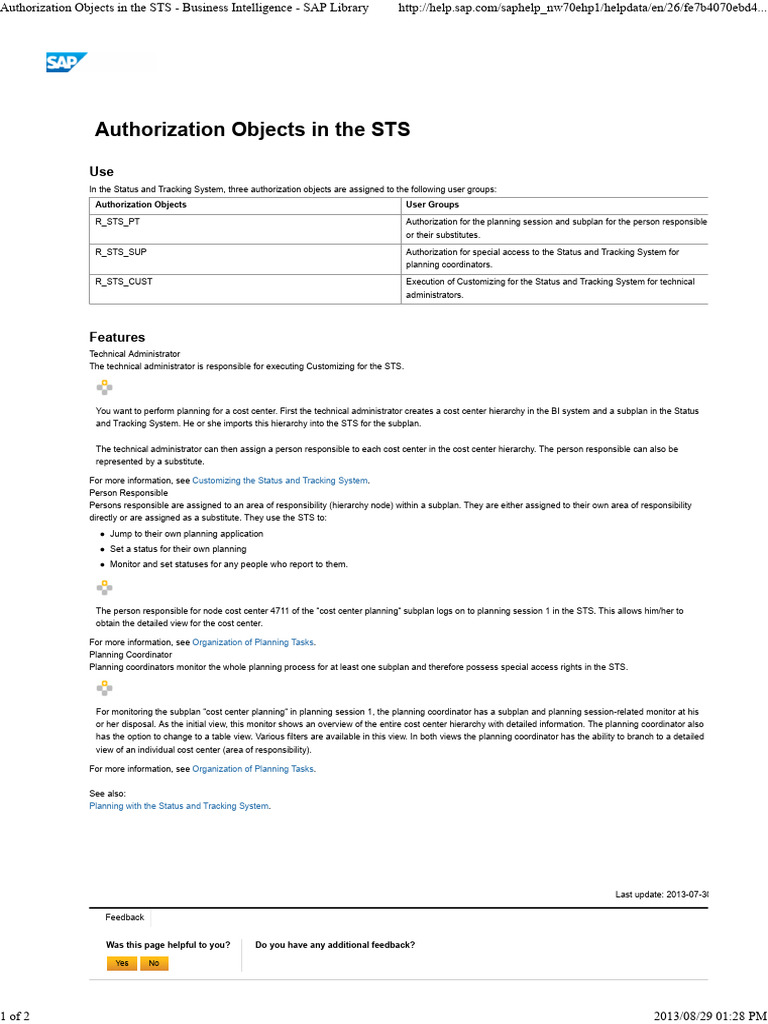 Authorization Objects in The STS - Business Intelligence - SAP Library ...