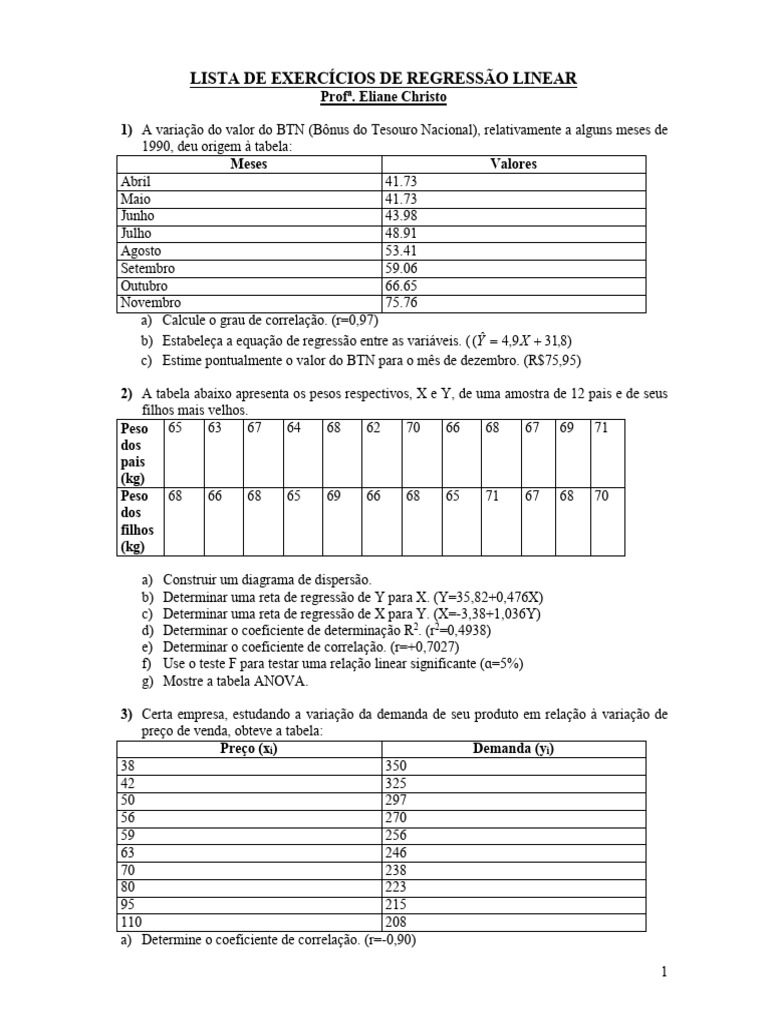 Exercícios Práticos de Regressão Linear | PDF | Métodos e Materiais de ...