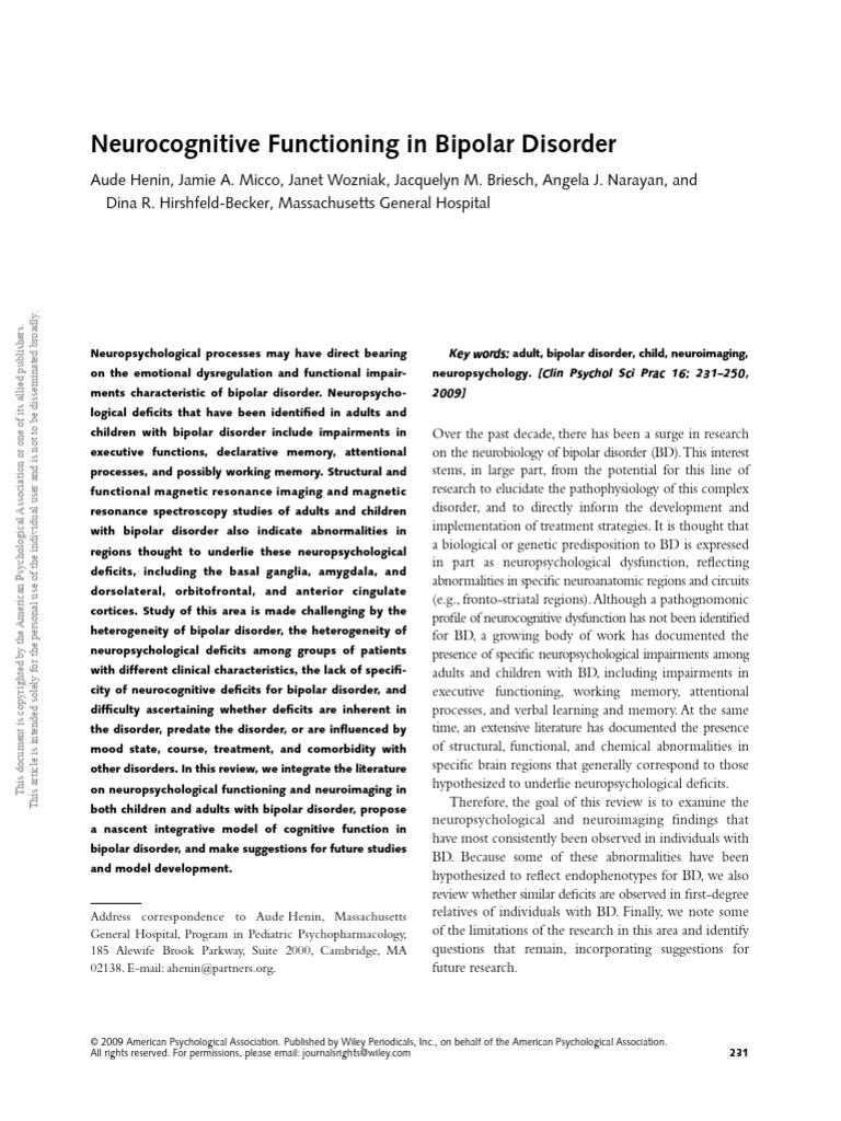 Neurocognitive Functioning in Bipolar Disorder | PDF | Mental Disorder ...