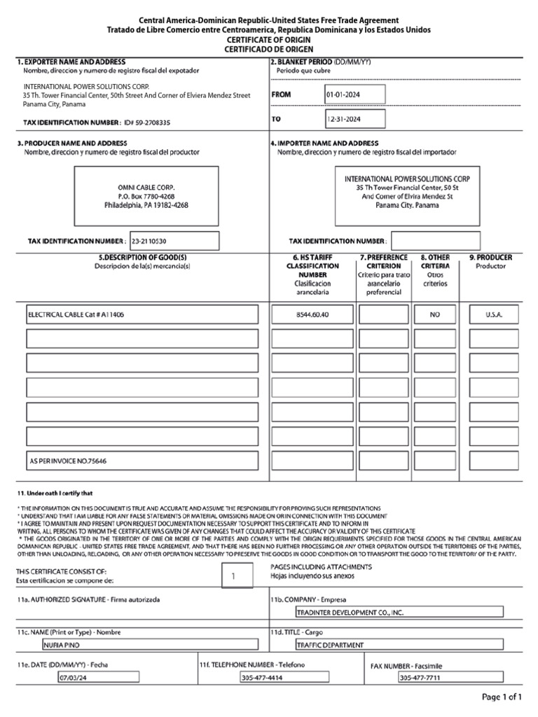 Central America-US Trade Agreement Certificate | PDF