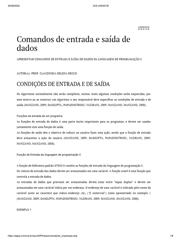 Comandos de Entrada e Saída em C | PDF | C (linguagem de programação ...