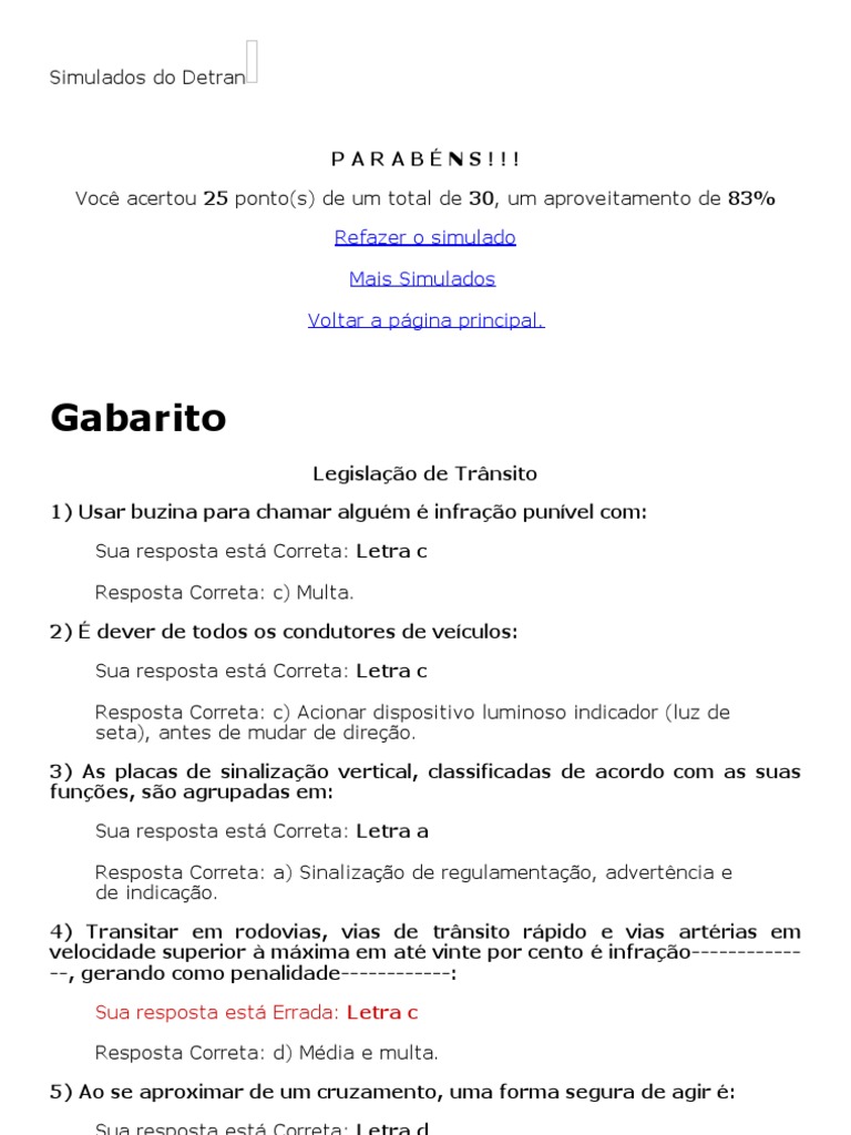 Simulados Do Detran .-. Gabarito Prova 1 | PDF | Tráfego | Transporte