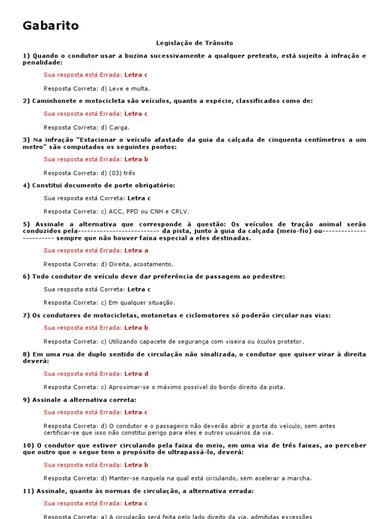 Simulados Do Detran .-. Gabarito Prova 03 | PDF | Tráfego | Transporte ...