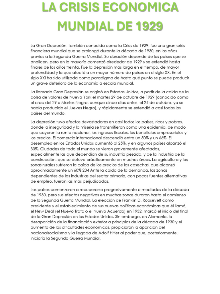 La Crisis Económica Mundial de 1929 | PDF | Gran depresion | Macroeconómica