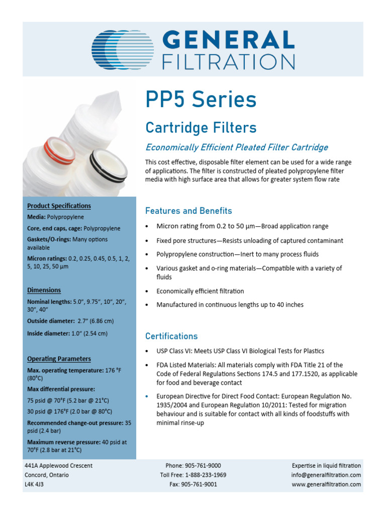 PP5 Series Cartridge Filter Overview | PDF | Filtration | Materials