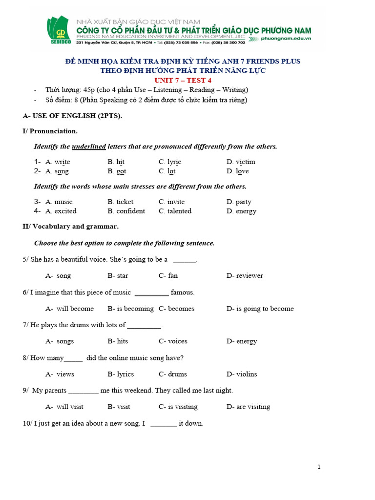 Tiếng anh 7 Friends Plus - Unit 7 - Test 4 | PDF | Language Arts ...