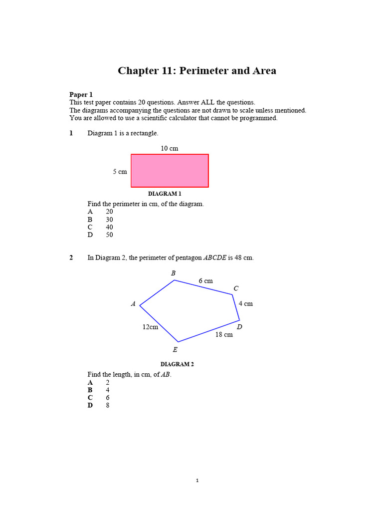 Class 5 Perimeter and Area Test | PDF | Area | Rectangle