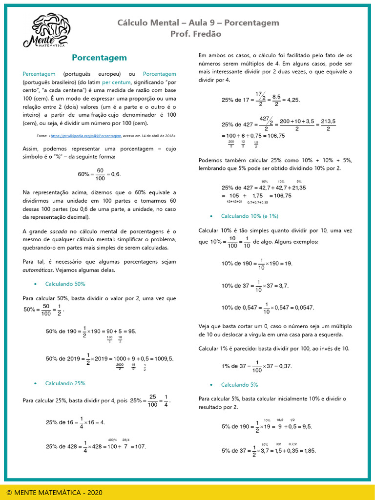 Aula 9 - Porcentagem | PDF | Percentagem
