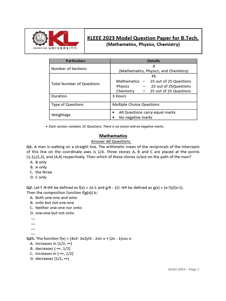 KLEEE 2023 Model Question Paper | PDF | Chemical Bond | Gases