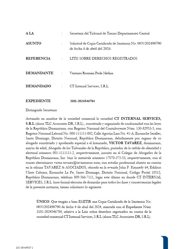 Solicitud Copia Sentencia Litis RD | PDF | República Dominicana | Justicia