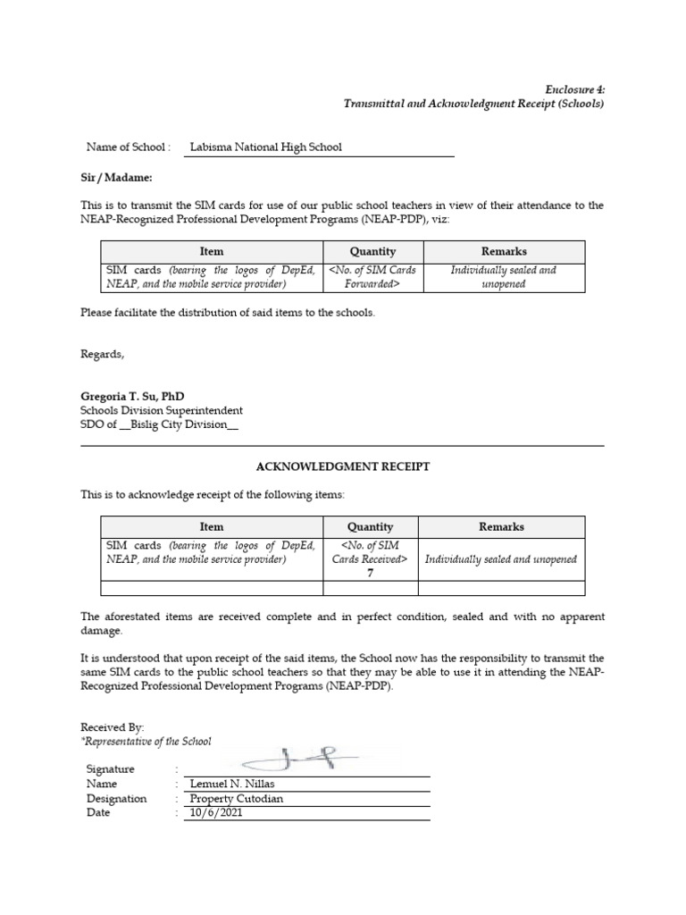 Enclosure 4 Transmittal and Acknowledgment Receipt Schools | PDF