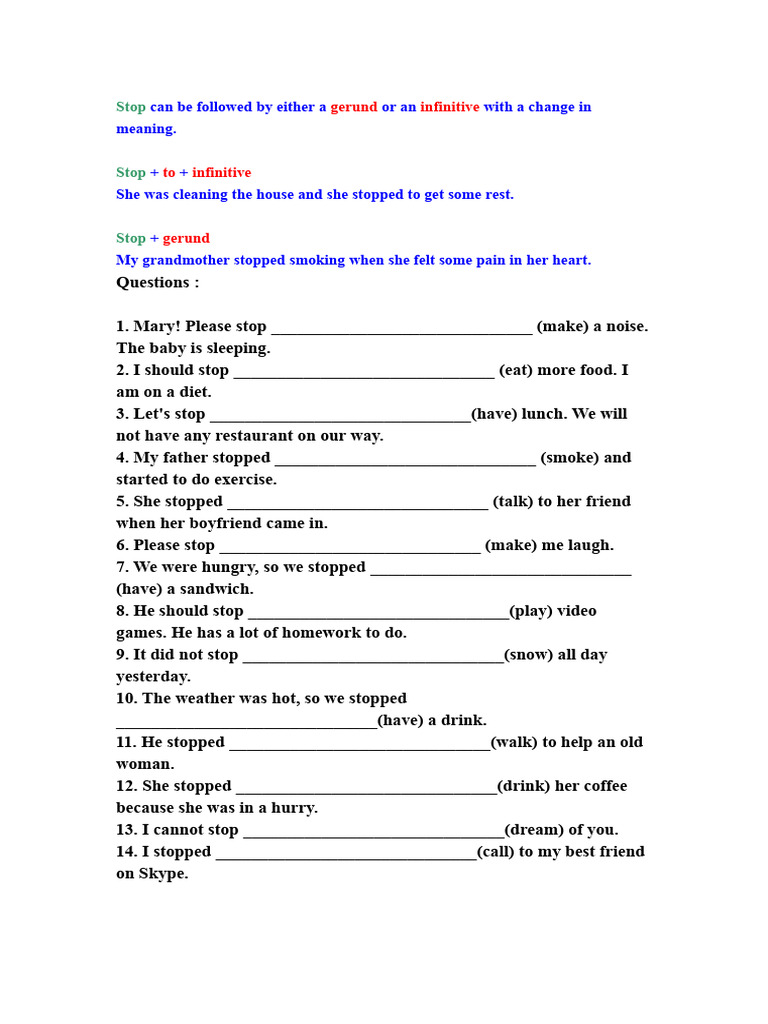 Stop: Gerund vs. Infinitive Guide | PDF