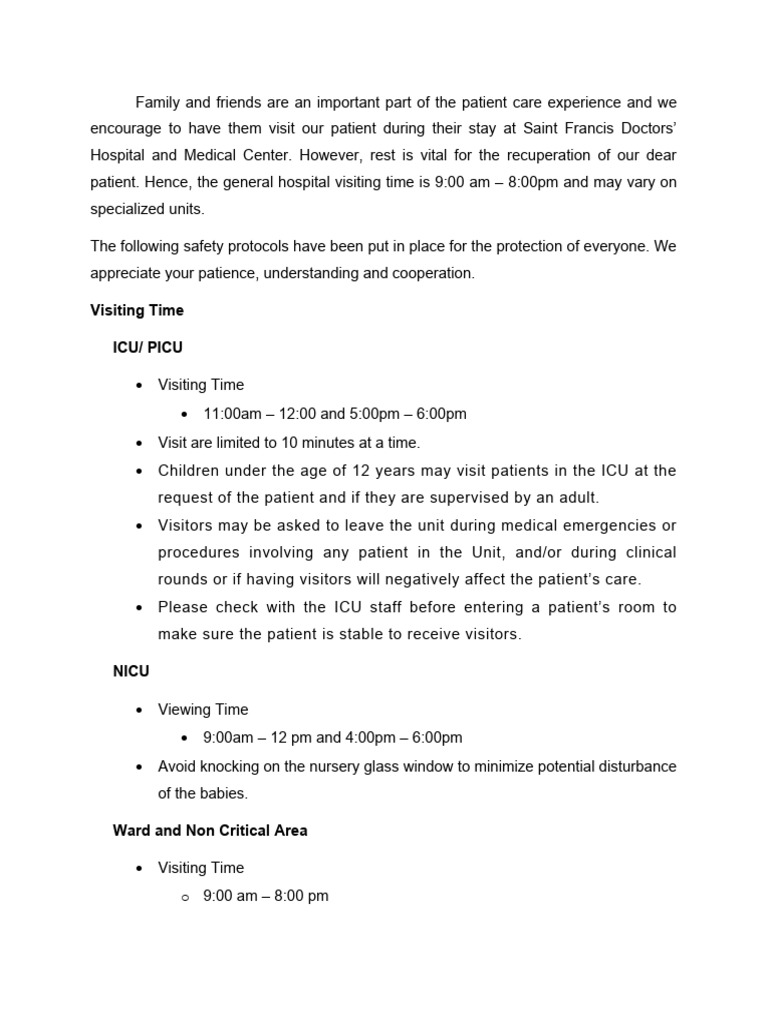 Hospital Visitors Guidelines | Download Free PDF | Hospital | Patient