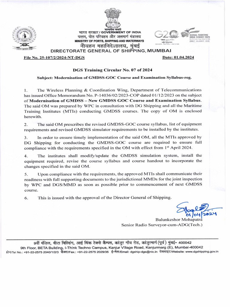 Modernisation of GMDSS GOC Course and Examination Syllabus DGS