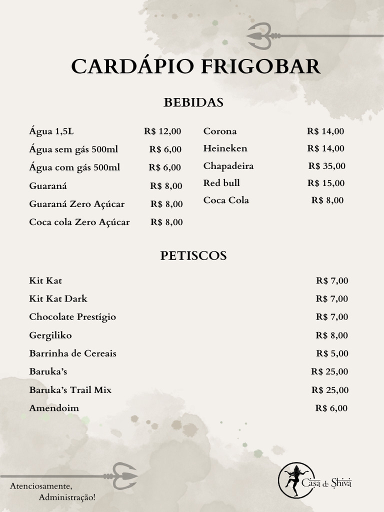 Cardápio de Bebidas e Petiscos Frigobar | PDF