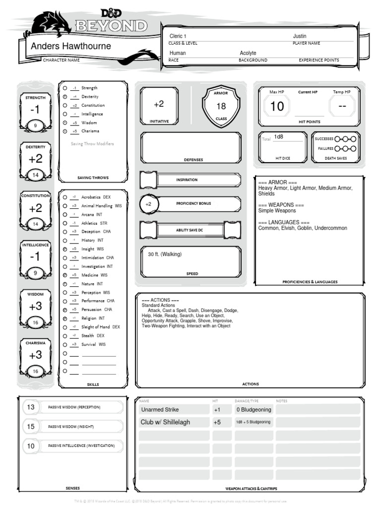 Anders Character Sheet Download Free PDF Dungeons & Dragons D20
