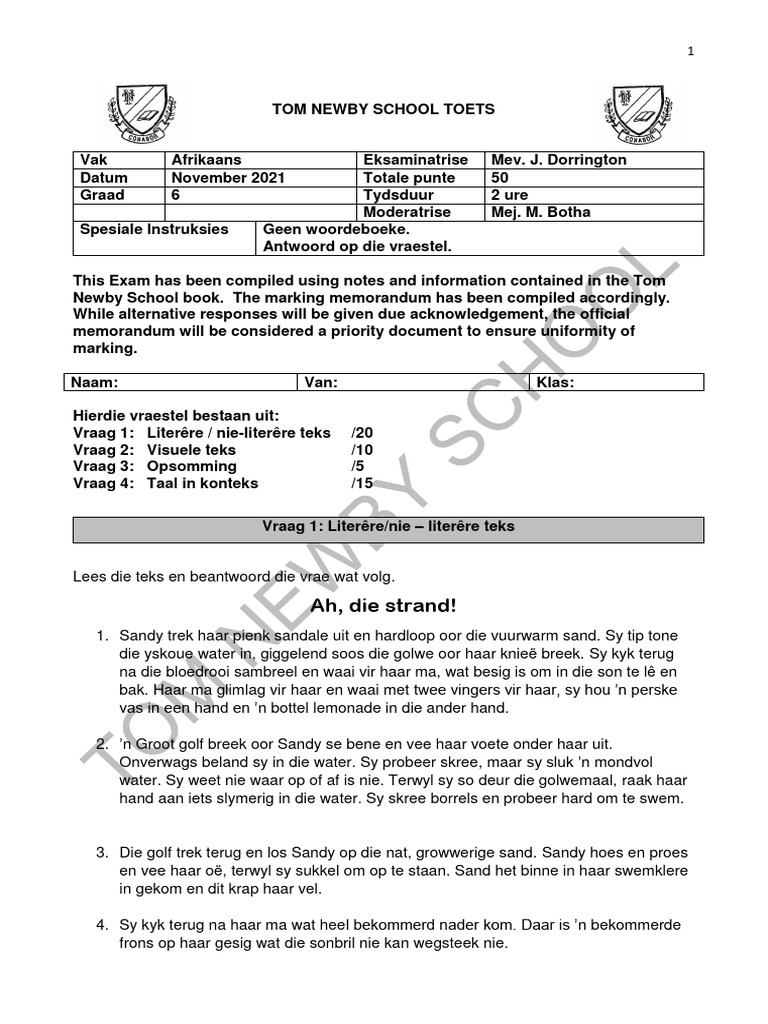 Grade 6 Afrikaans Exam November 2021 | PDF