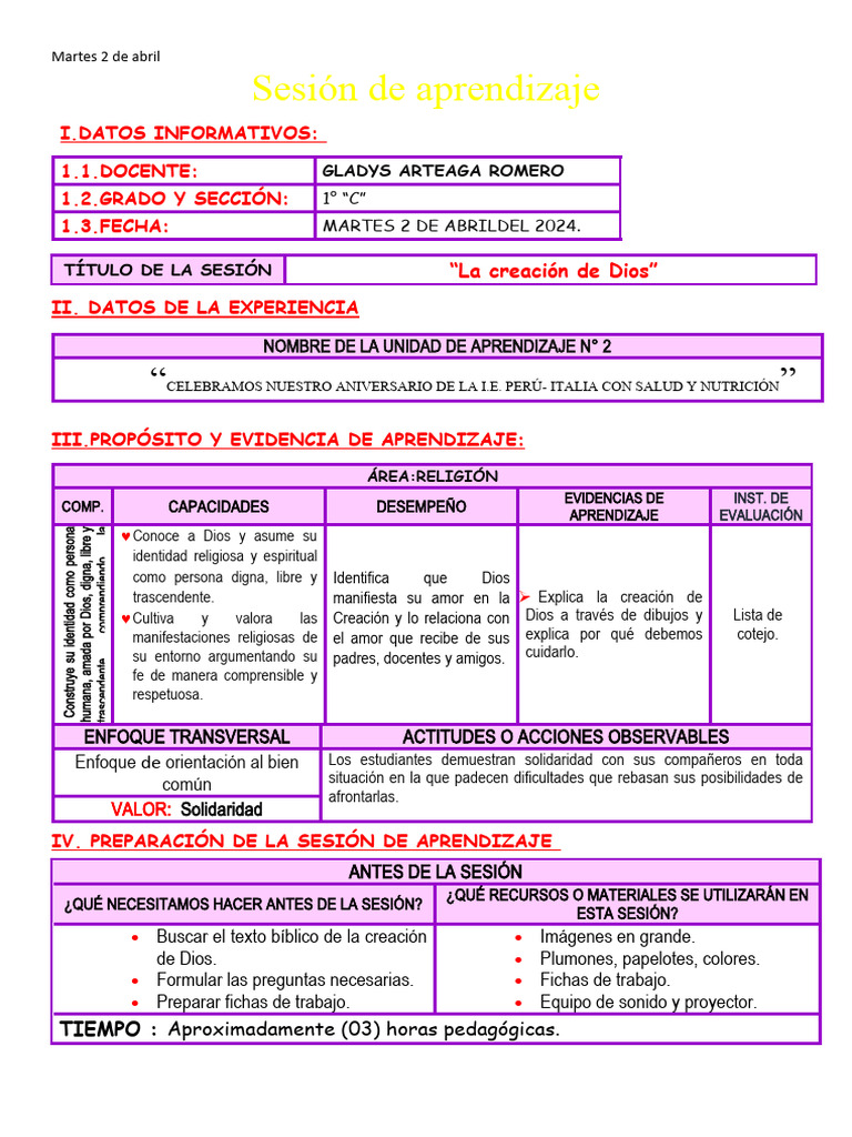 SESIÓN LA CREACIÓN DE DIOS MAESTRA JANET | PDF | Aprendizaje | Amor