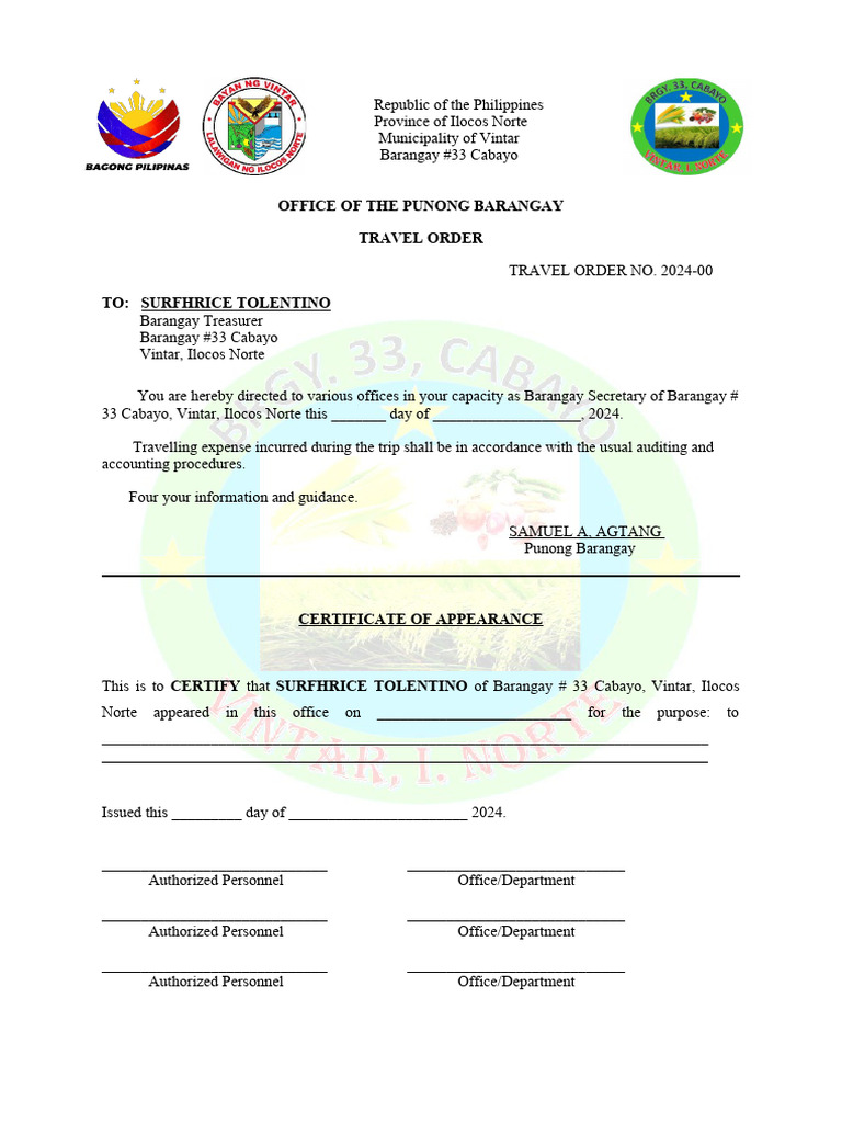 Travel Order and Certificate of Appearance | PDF