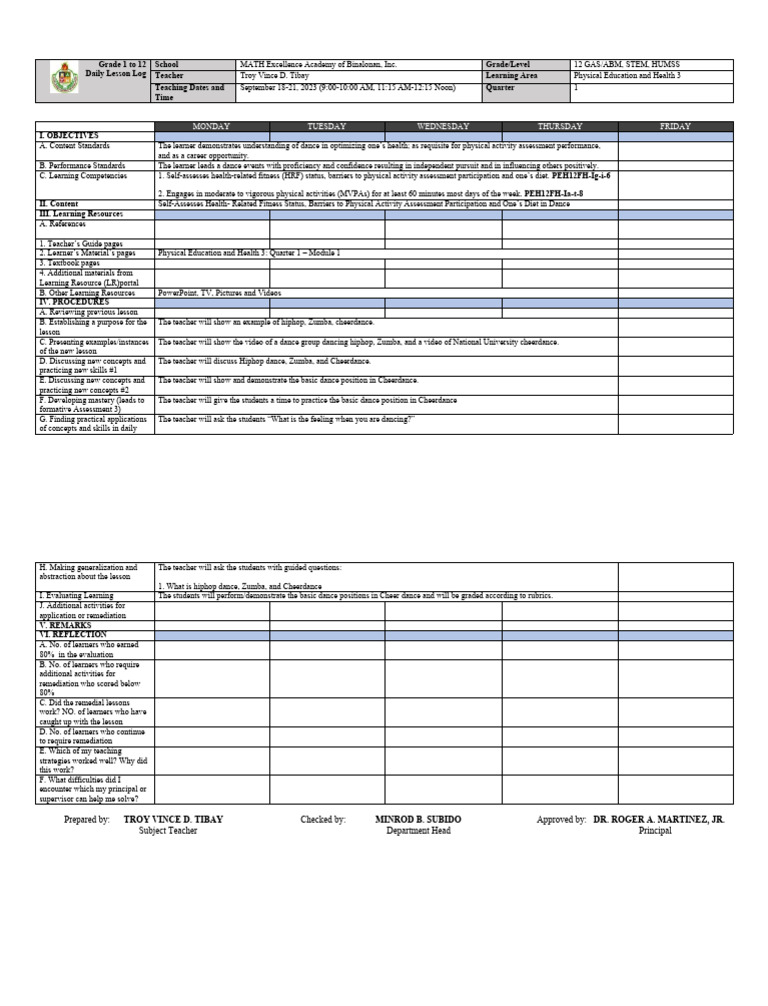 Q1 W3 Physical Education and Health 3 | PDF | Teachers | Learning