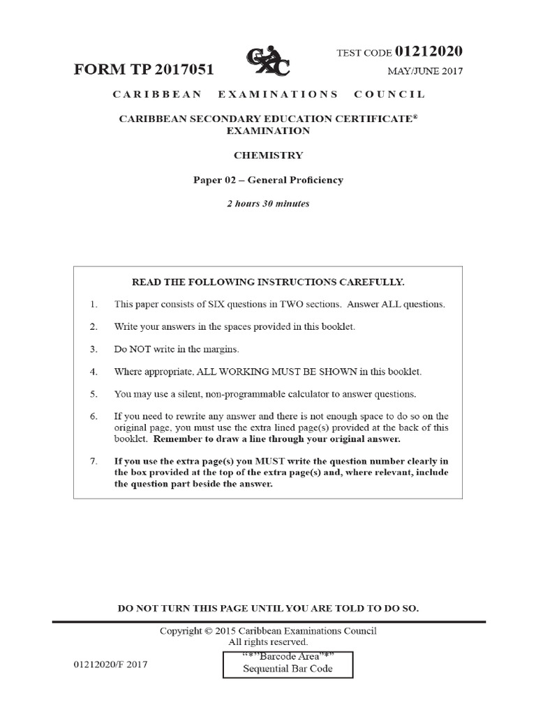CSEC Chemistry Paper 2 June 2017 | PDF | Chemical Reactions | Isomer