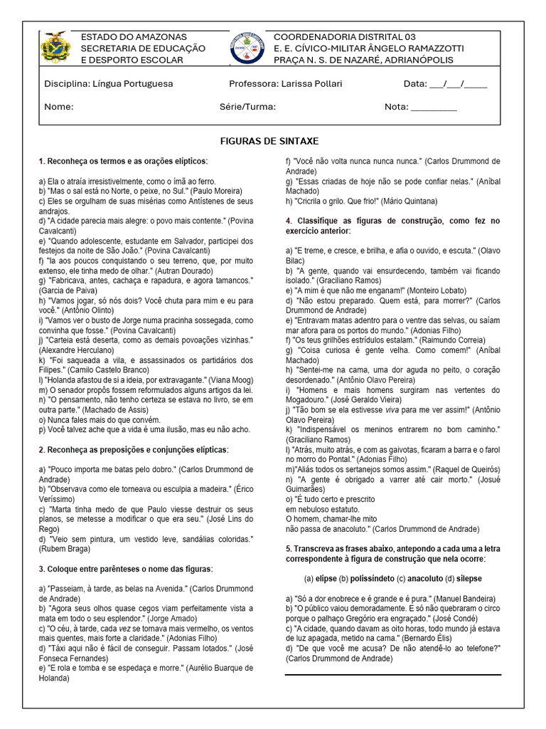 Gramática - Figuras de Sintaxe - Exercícios | PDF