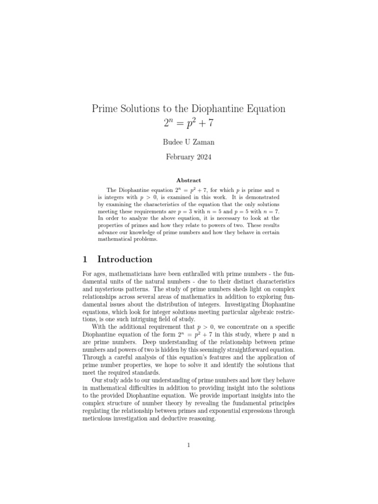 Prime solutions to the diophantine equation 2 n p 2 7 download free