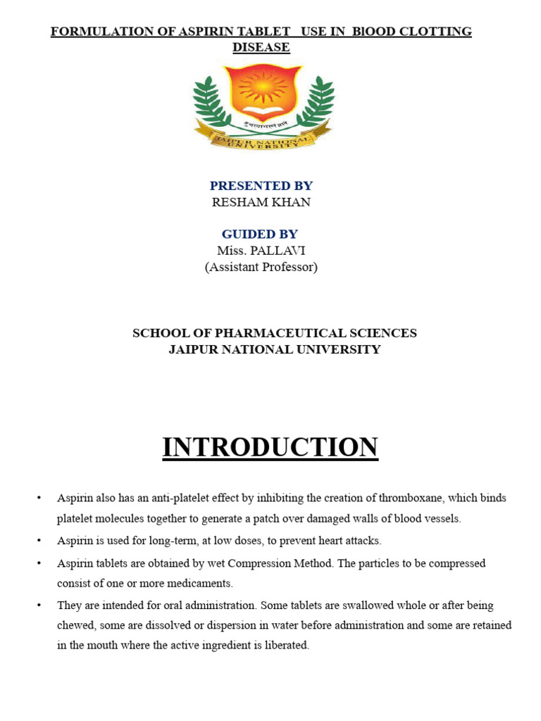 Aspirin Tablet Formulation for Blood Clotting | PDF | Aspirin | Tablet ...