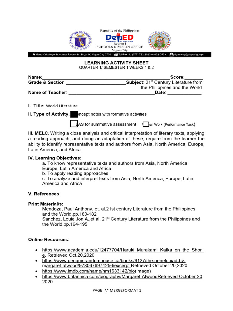 World Literature Learning Activity Sheet | PDF | Art | Classics