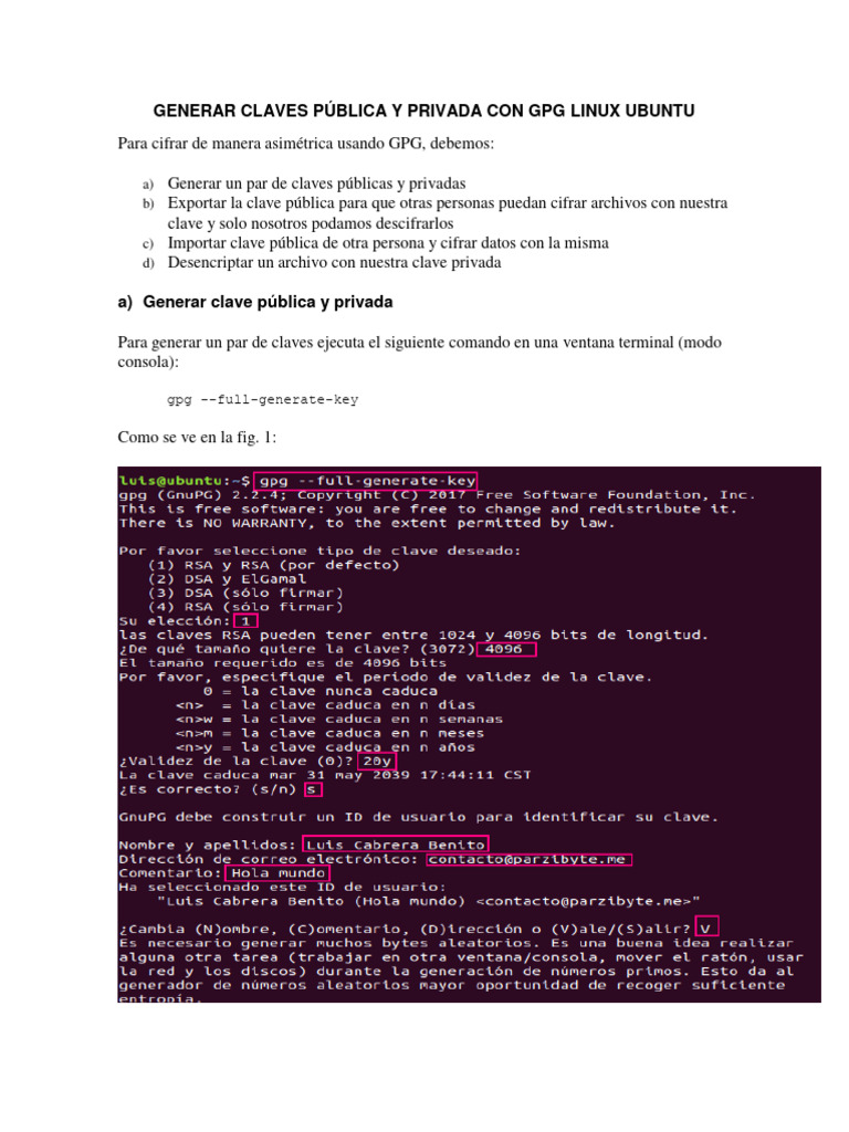 Generar Claves Pública y Privada Con GPG Linux Ubuntu PDF Clave