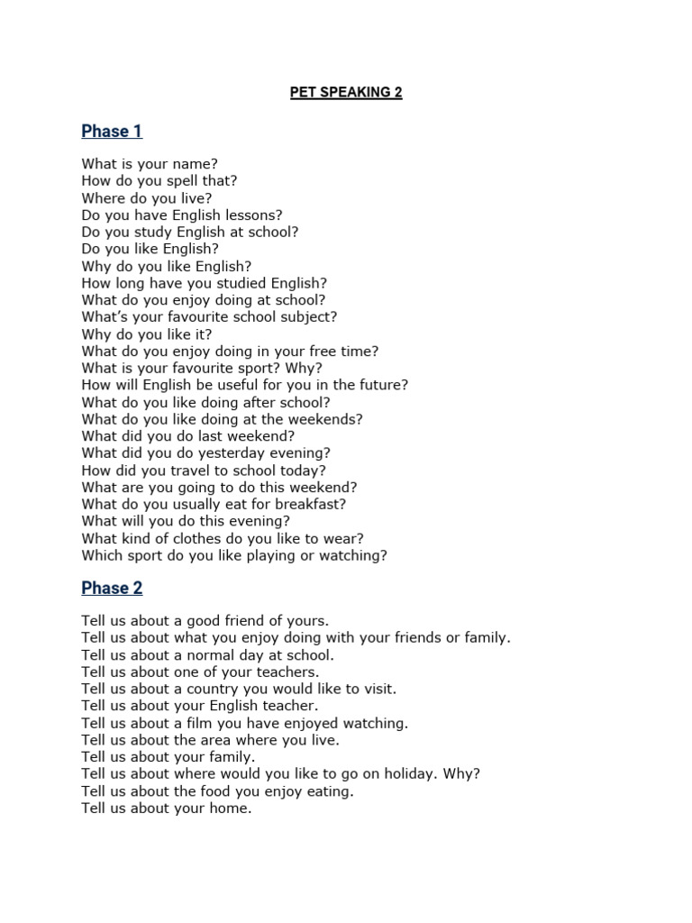 PET Speaking Part 2 Guide | PDF | Language Arts & Discipline | Lifestyle