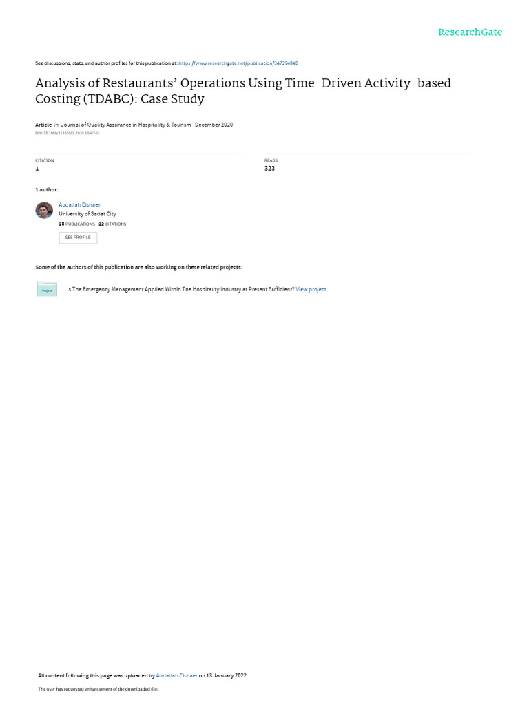 Analysisof restaurants operations using time driven activitybased