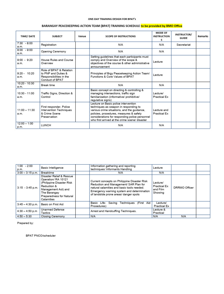BPAT Training Schedule Overview | PDF | Emergency Management | Police