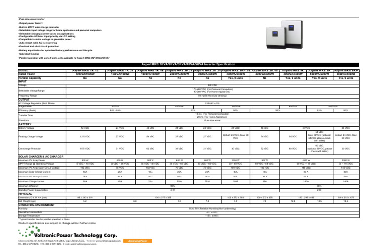 Axpert 1kW5kW DATA SHEET | PDF | Power Inverter | Alternating Current